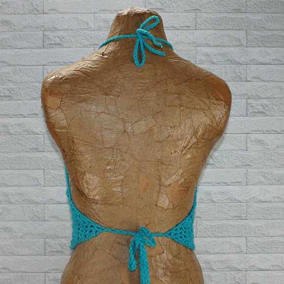 HAND CRAFTED Crop Top Halter Crochet Criss Cross Cut Out Granny Square Stripe - Picture 3 of 9
